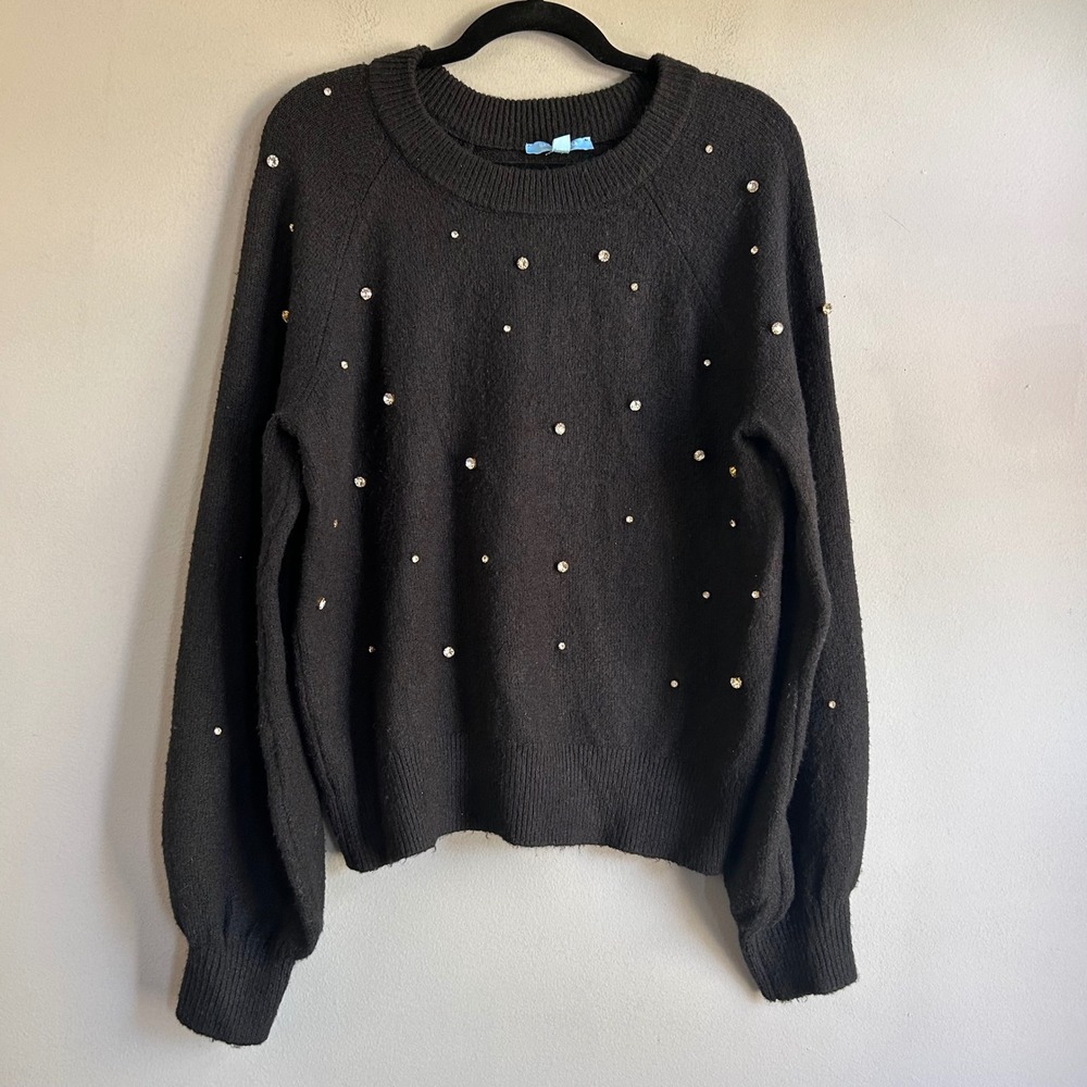 Draper James RSVP Black Rhinestone Embellished Balloon Sleeve Sweater Medium
